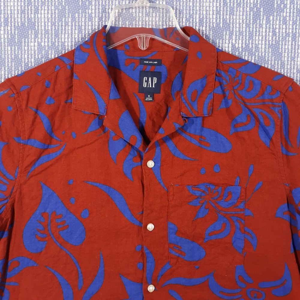 Gap Shirt Hawaiian Linen Blend Floral Orange Blue Short Sleeve Mens Small